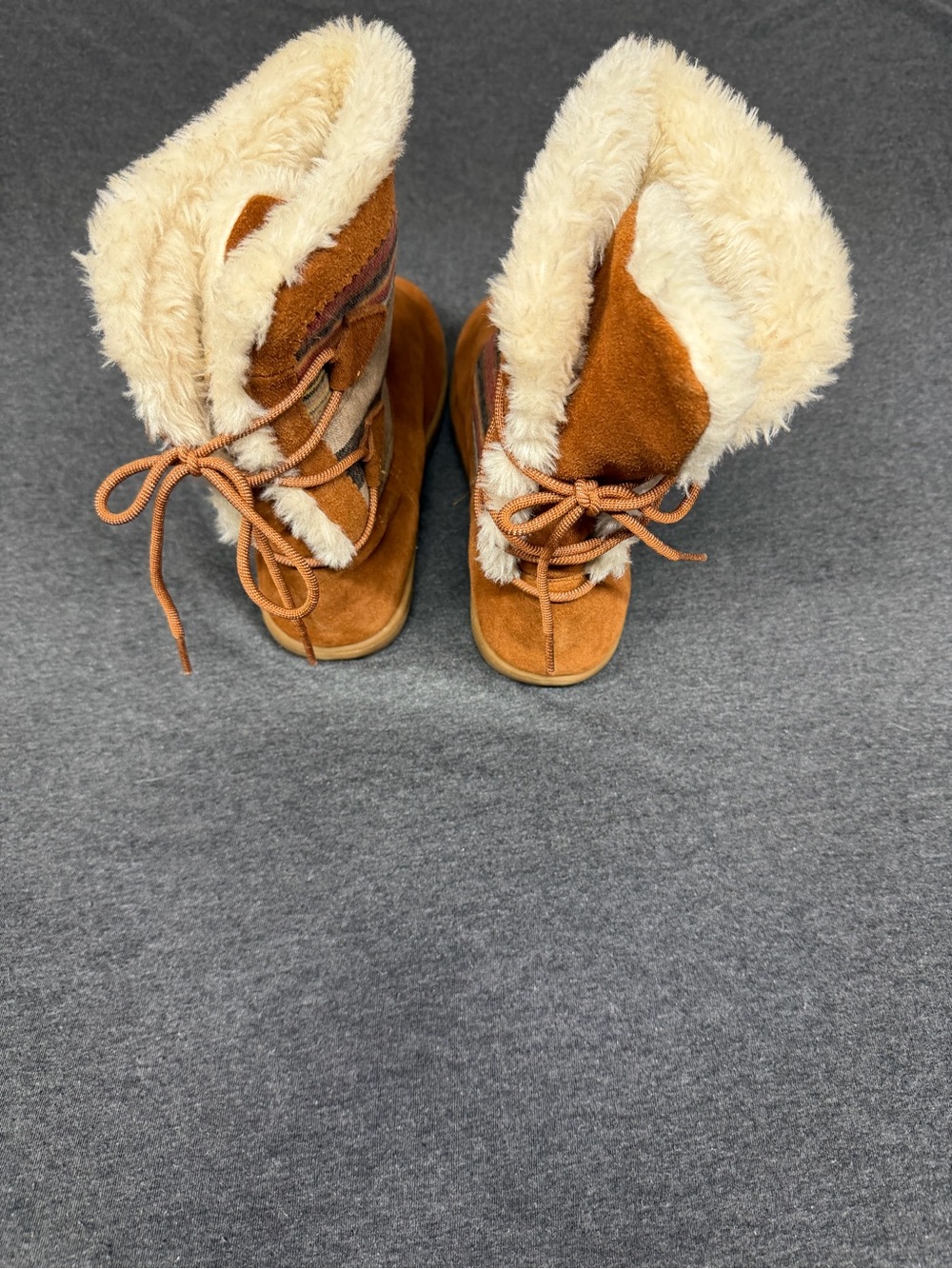 Women’s Pendleton Suede Faux-Fur Lined Tan Boots with Striped Fabric Panel - Picture 5 of 5